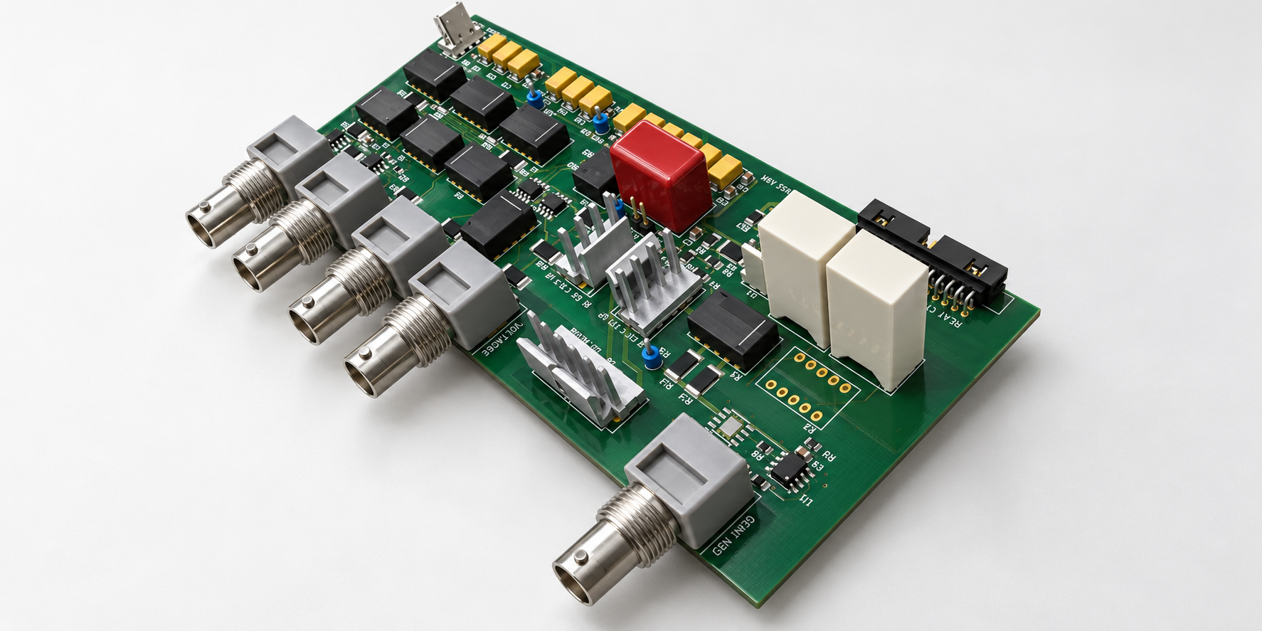 Rendered measurement board for the HighSNR Lab MLCC distortion test platform
