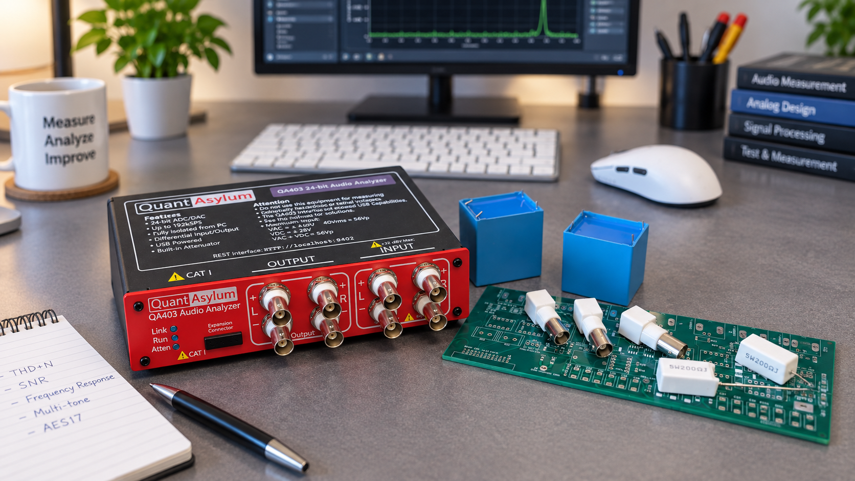 QuantAsylum QA403 audio analyzer and the custom MLCC measurement PCB on a laboratory bench